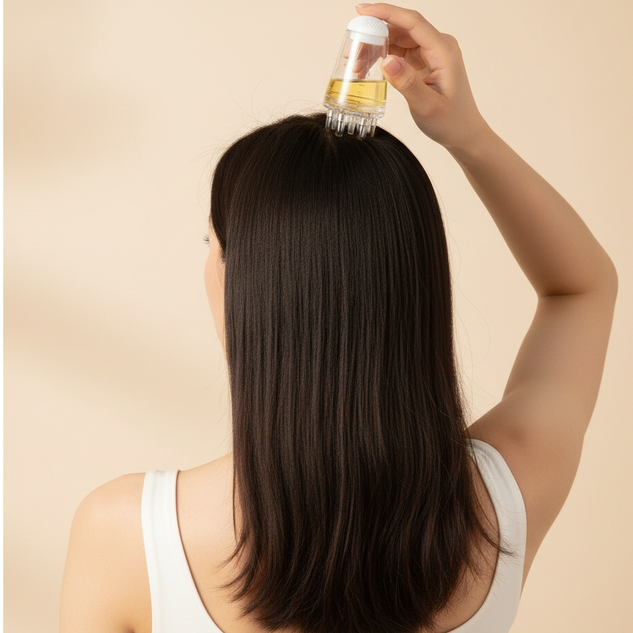 Application d'huile capillaire raie par raie avec Velya Care